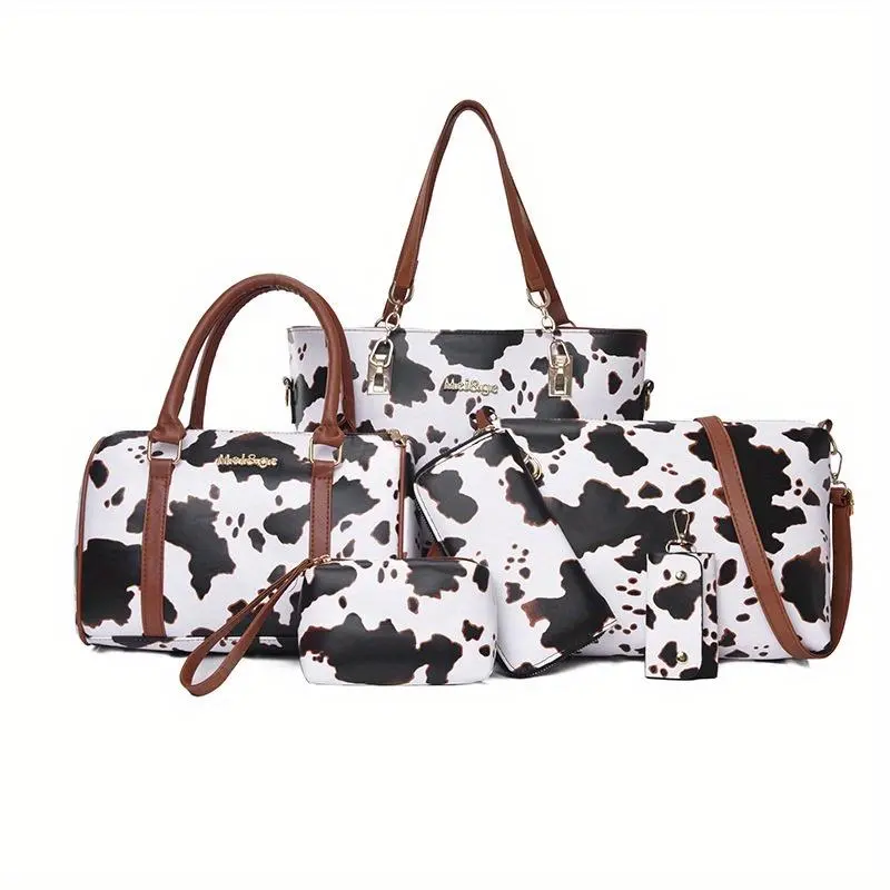 6pcs Set PU Fashion Cow Pattern Tote Bag Set, Shoulder Bag, Crossbody Bag, Anti Fouling and Wrinkle Resistant Handbag