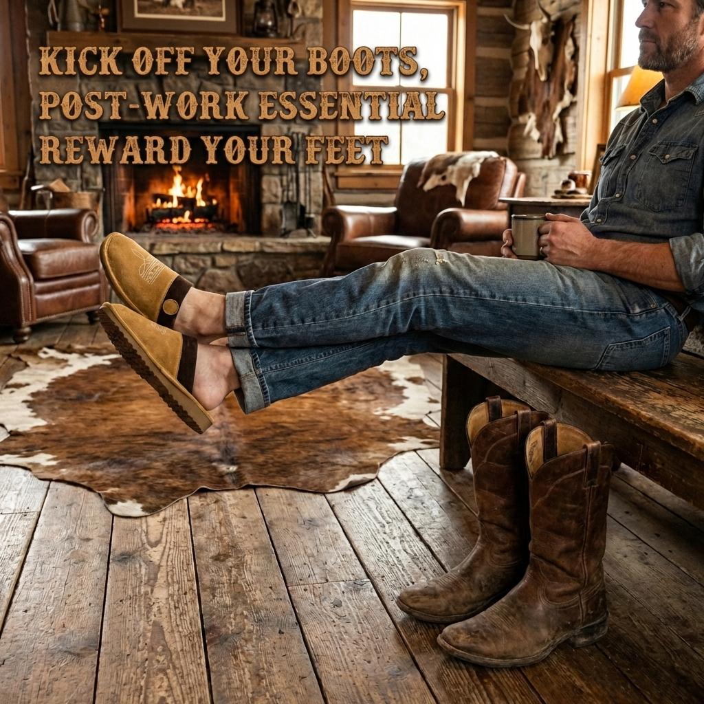 Cowboy Suede Slippers with Boot Stitch – Square Toe House Shoes for Men & Women, Indoor Outdoor