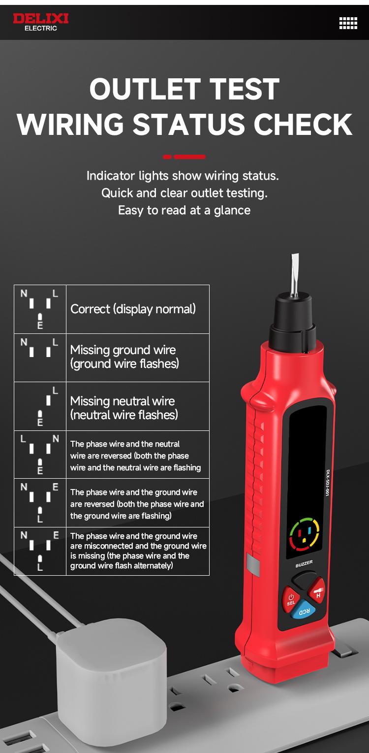 DELIXI 2 in 1 Outlet Circuit & Voltage Tester Pen, 2–440V AC Voltage Detector with NCV Function, Integrated GFCI Outlet Tester & Polarity Check, LCD Display, Audible Alarm & Flashlight, 3 Prong AC Voltage Socket Checker, Wiring Fault Detector detail 5