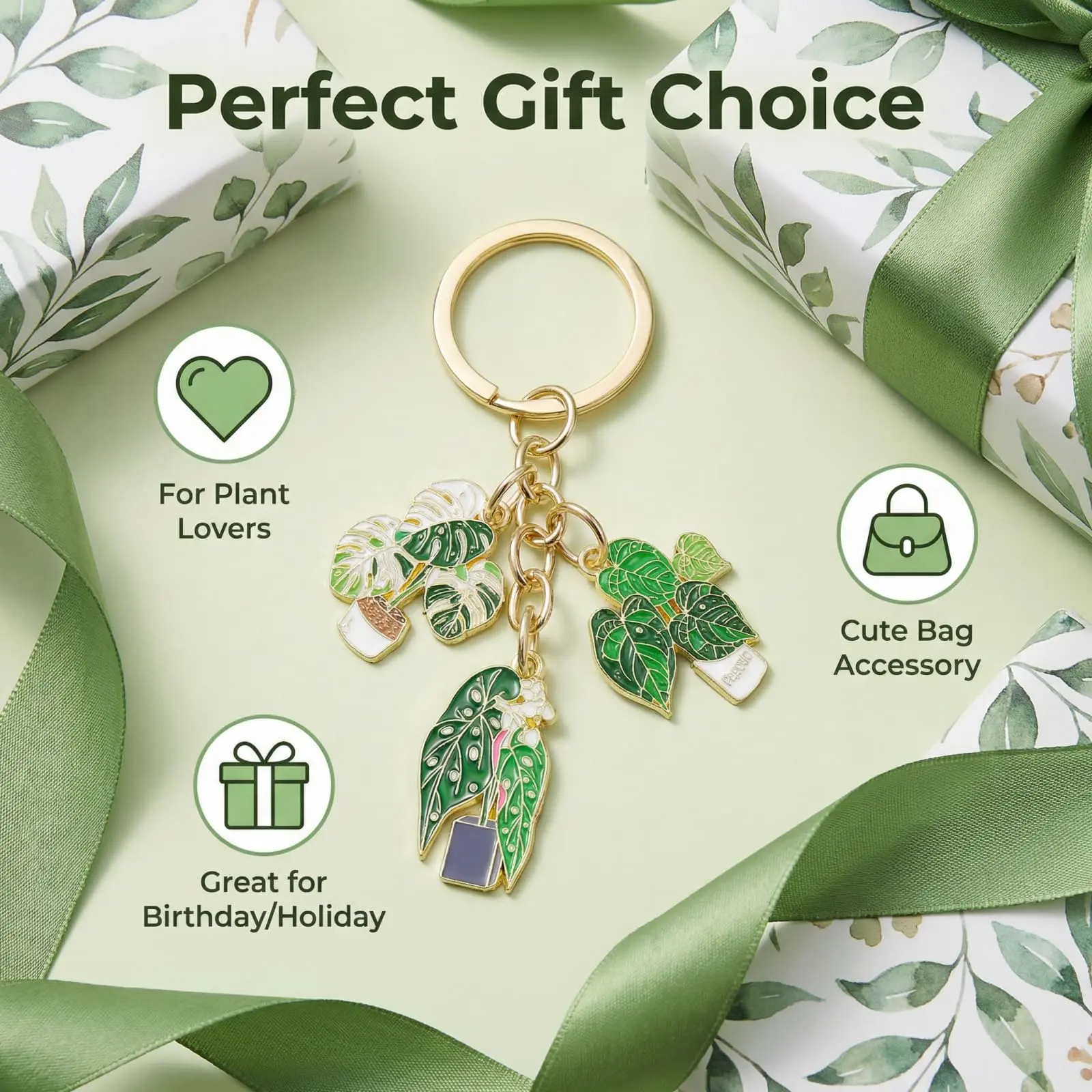 Botanical Green Leaf Succulent Keychain - 16g Floral Potted Look Women's Accessory, Mini Plant Charm with Split Ring, Mother’s Day Gift for Plant Lovers, Simple, Mini Size, Metal Alloy, Daily, Plant Theme