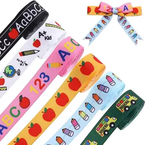 6 Rolls Back to School Grosgrain Ribbon 30 Yards School Teacher Themed Ribbon School Bus Pencil Apple ABC Pattern Fabric Decorative Craft Ribbon for Gift Wrapping Hair Sewing Wreath