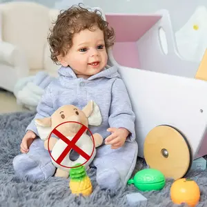 Lifelike 22-inch Soft Vinyl Baby Doll with Brown Cloth Body Realistic Brown Eyes Complete Accessories Light Blue Top Navy Pocket White Diaper Yellow Patterns Blue Bottle Pacifier Birth Certificate Gift for Playtime shaken  baby  simulator  doll