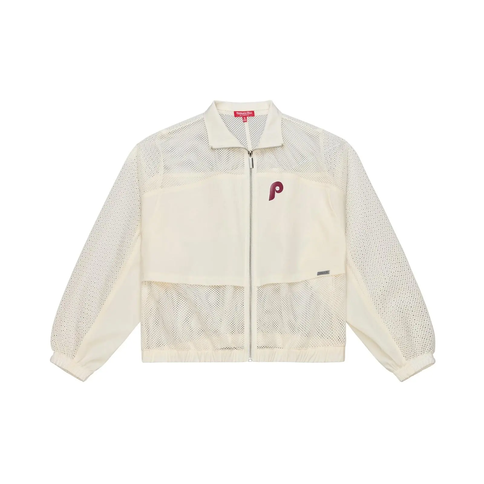 Women's Philadelphia Phillies Cream Insignia Cropped Nylon Mesh Full-Zip Jacket MLB Throwback Outerwear Vintage Fan Gear Mitchell & Ness