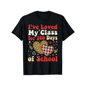 1pc Kids' Heart Leopard Plaid Print Black TShirt, Crew Neck, Casual Cotton Tee, Medium Stretch Knit Fabric, Regular Fit for Boys& Girls Children, 100 Days of School Pattern, for Valentine' S Day, Back to School, Graduation Celebration