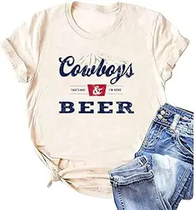 Cowboys and Beer Shirt Women Vintage Western Rodeo T-Shirt Funny Country Music Party Tee Cowboy Graphic Tops