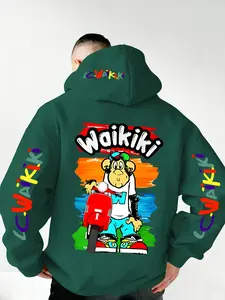New Men's Hooded Sweatshirt with Cartoon Monkey Print, Soft Stretch Knit Fabric, Casual Fitted Style, All-Season Wear, Youth Essential