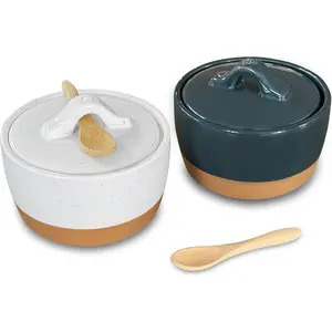 Ceramic Salt and Pepper Cellar Set with Lid - 10 oz Modern Canister/Container/Bowl for Storage, Sea Salt, Spice, Sugar, Countertop - Small Dish/Jar with Wood Spoon, Black & White Crock