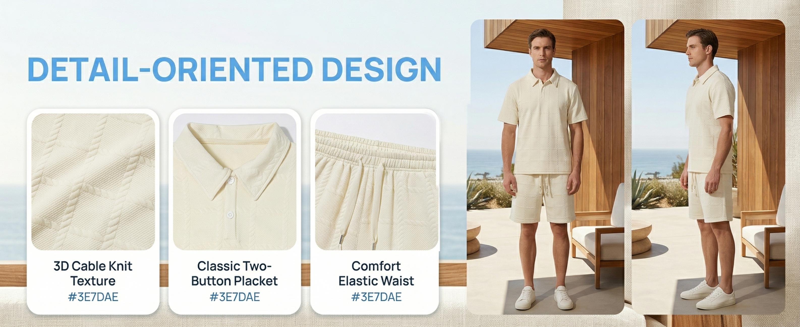 Men's 2 Piece Loungewear Set, Textured Polo Shirt & Shorts for Home & Streetwear