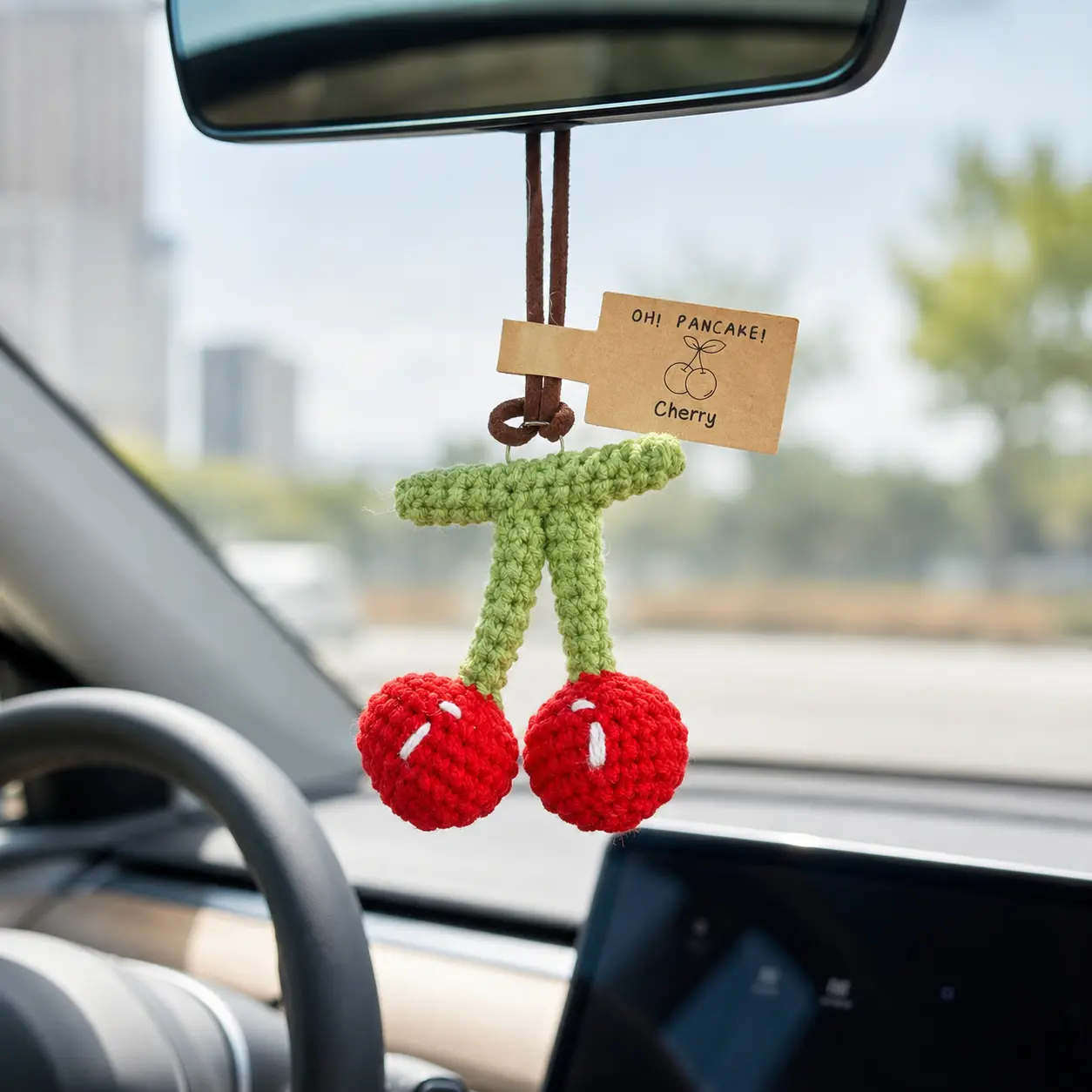 Handmade Crocheted Cherry-Shape Soft Cotton Tiny Car Charm, Cute Car Mirror Hanging Ornament, Versatile Bag Accessory for Gift Lovers