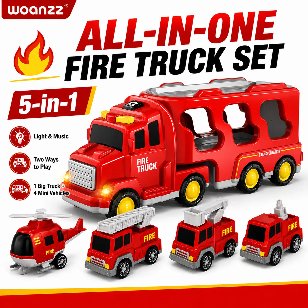 Woanzz 5-in-1 Fire Truck Carrier Toy Set, Large Red Transport Truck with Rear Ramp, Helicopter, Ladder Truck, Aerial Truck and Mini Fire Vehicle