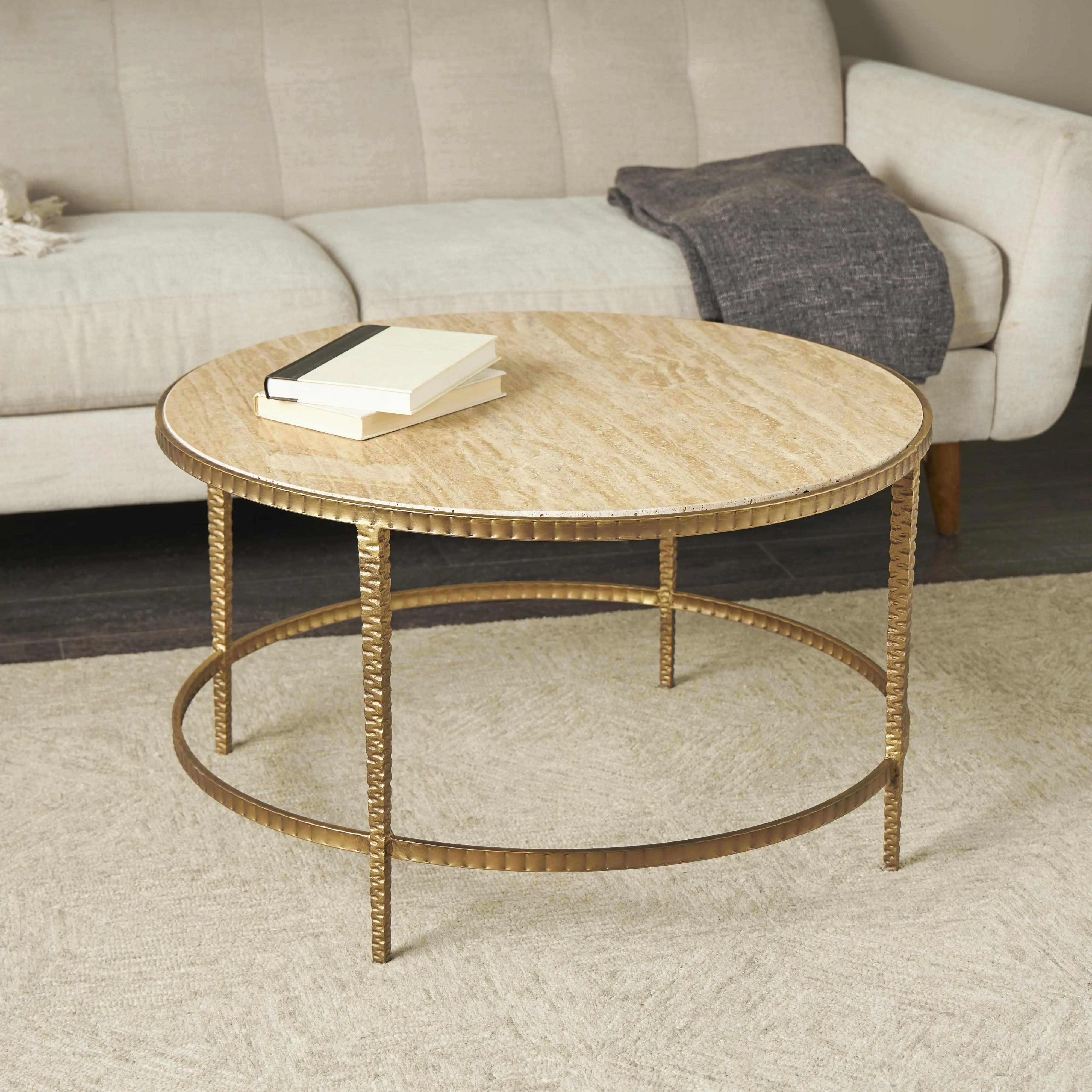 Beige Marble  Round Living Room Coffee Table with Hammered Gold Metal Legs