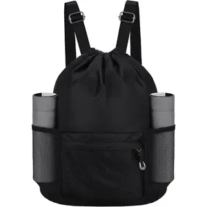 Waterproof Drawstring Bag, Lightweight String Backpack with Water Bottle Holder and Pockets, Gym Sports Cinch Sackpack