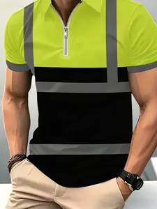 Men's High Visibility Reflective Polo Shirt, Half-Zip Short Sleeve Hi Vis Casual Work Shirt, Fluorescent Yellow & Black Safety Construction Workwear with Reflective Strips, Collared Polo Shirt