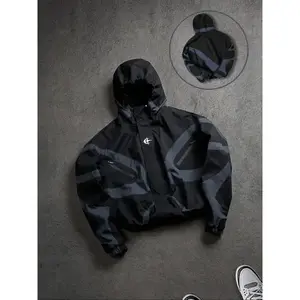 Windproof plaid solid-color baseball jacket with a stand-up collar and printed cuff patches, featuring a hooded design and long sleeves — a casual motorcycle outdoor jacket in a university style.