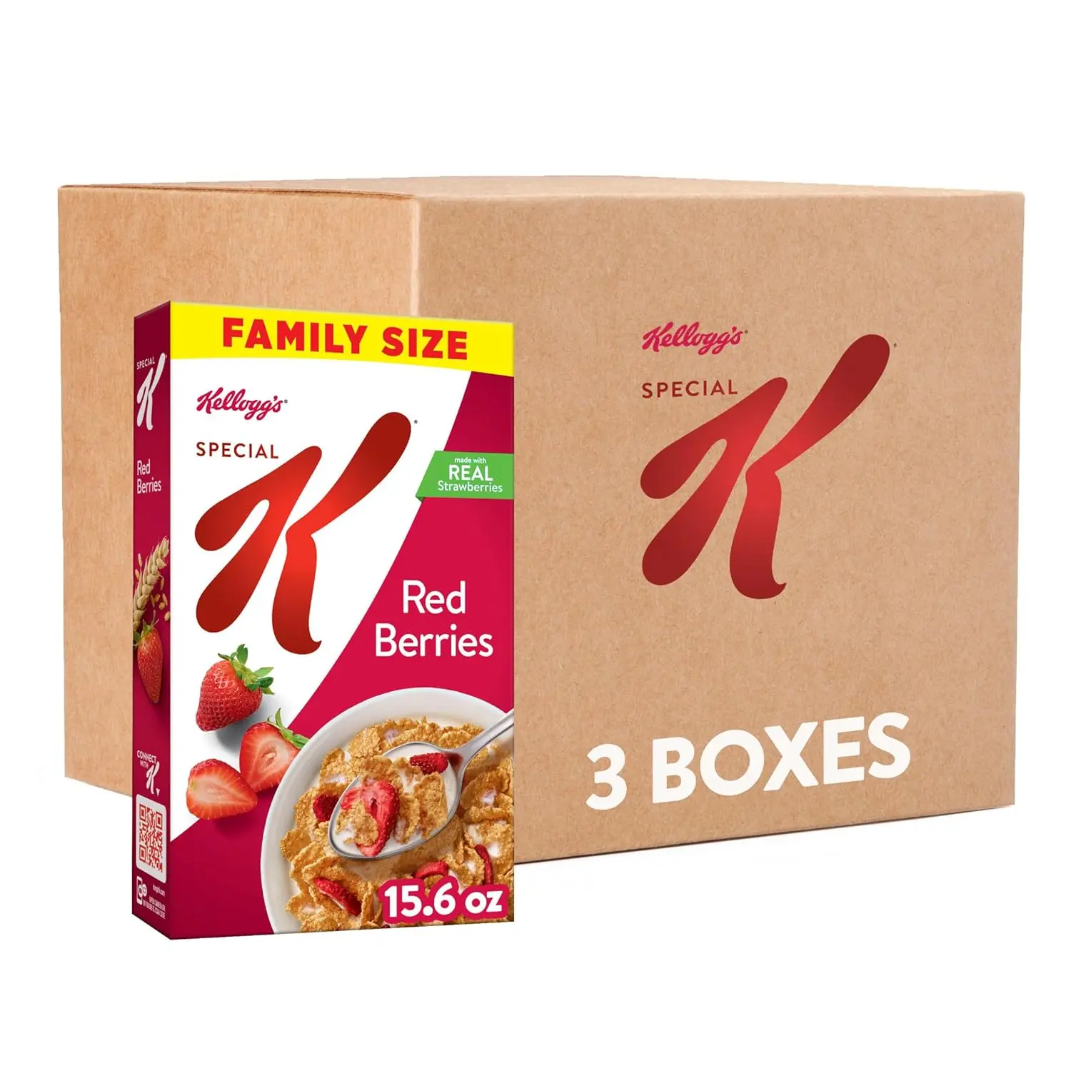 Kellogg's Special K Red Berries Breakfast Cereal, Family Size 3 Box Pack, Crispy Rice & Wheat Cereal with Real Strawberries, High Fiber Breakfast Cereal, Ready-to-Eat Family Breakfast & Anytime Snack
