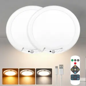Battery Powered Motion Sensor Ceiling Light(2 pcs), Rechargeable Wireless Indoor LED Lamp with Remote Control, Dimmable Color Temperature for Stairway Closet Pantry Bathroom Laundry