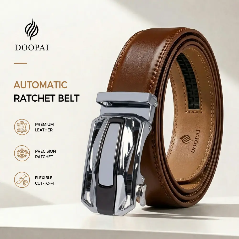 DOOPAI Men's 2-Pack Heavy Duty Genuine Cow Hide Ratchet Belt with Classic Auto Buckle Micro Adjustable Exact Fit Design for Dress & Casual Wear