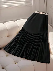 Elegant Pleated Midi Skirt, High Waist Metal Buckle Belt Design, Smooth Drape Fabric, Office Wear, Slimming Effect
