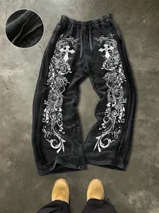Men's Casual Cotton Pants, Graphic Cross Pattern Print, Drawstring Waist, Ankle Length, Street Style, Perfect for Daily Wear, Gift Idea