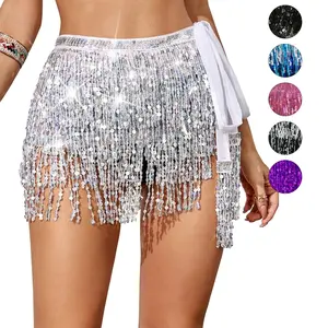 Sequin Fringe Skirt Belly Dance Hip Scarf Tassel Party Rave Festival Minimalist Skirt for Women Basic Womenswear Christmas Bottom Underwear Comfort