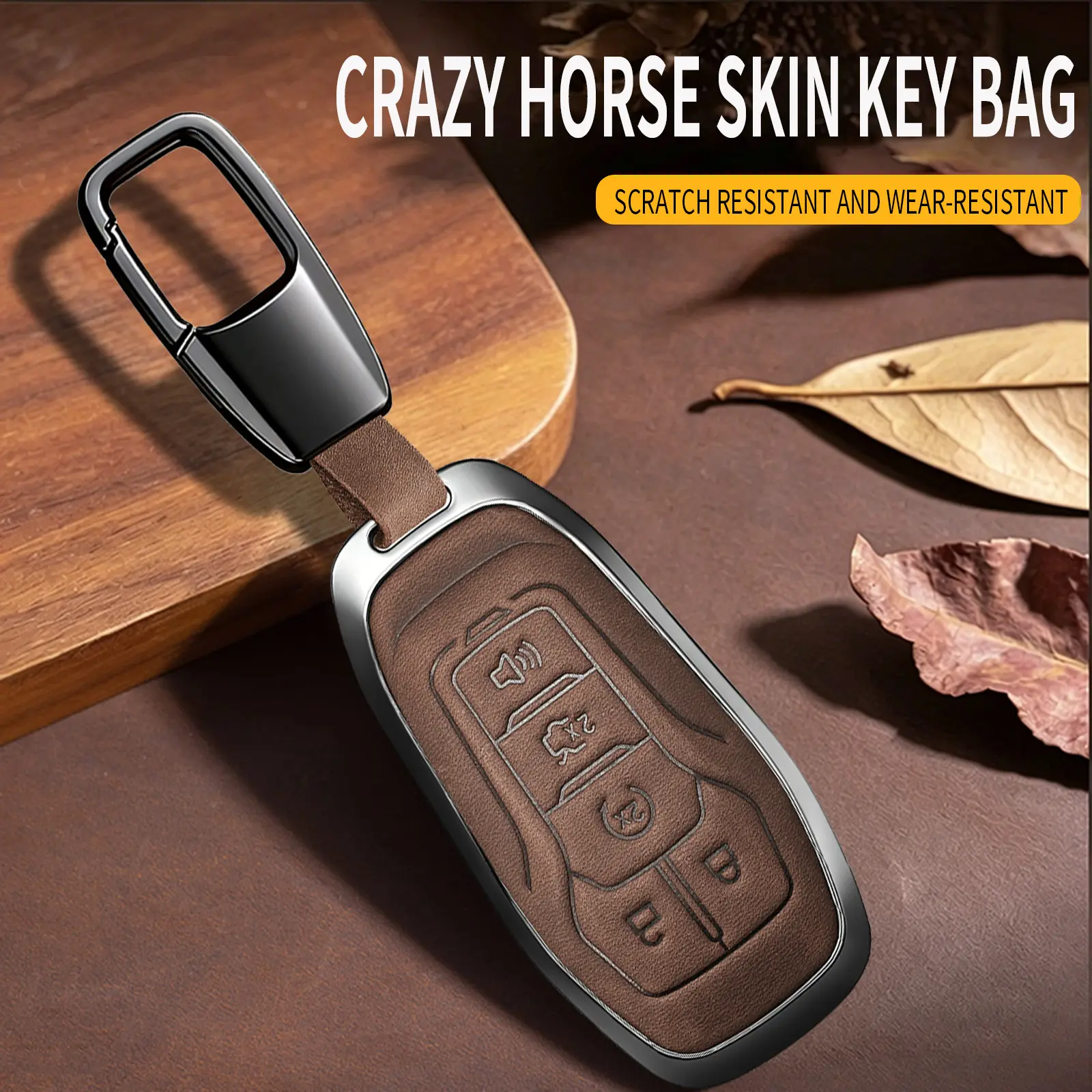 Key Fob Cover for Ford with Key Chain, Genuine leather Car Key Case Shell for Ford Mustang Fusion Explorer Edge Lincoln MKC MKX MKZ, Full Protector Holder for 5 Button Keyless Entry Remote