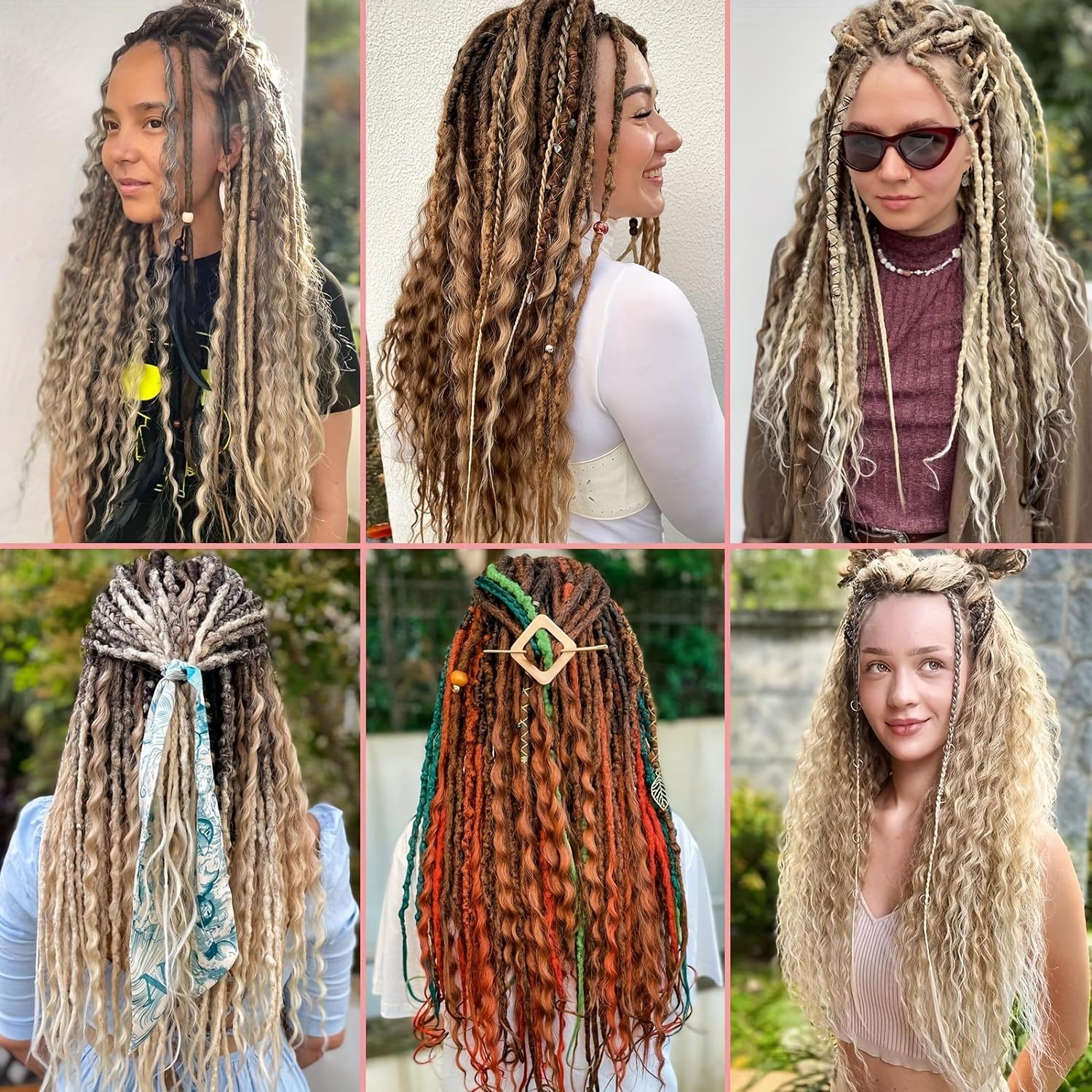 "15Pcs Mixed Double Ended Dreadlock Extensions 24 Inch Dreads Handmade Boho Hippie Style Straight & Curly Dreadlocks Hair Extensions For Women "	