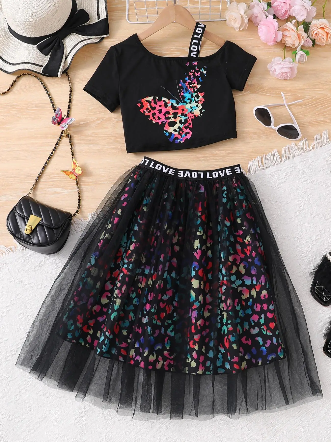 Girl's Butterfly Print Short Sleeve Tee & Mesh Skirt Two-piece Set, Casual Fashion Asymmetrical Neck T-shirt & Elastic Waist Skirt for Daily Wear, Kid