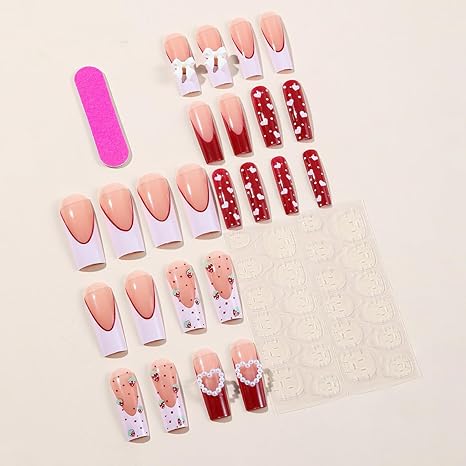 24 Pcs Long Square Fake Nails Strawberry Bow Design, Water Pipe Style Press On Nail Tips for Women & Girls