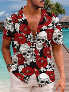 2026 Summer Skull Print Tropical Hawaiian Shirt, Cuban Collar Short Sleeve, Casual Loose Fit, Soft Skin-Friendly Polyester Material，Limited-time holiday discounts, fast shipping