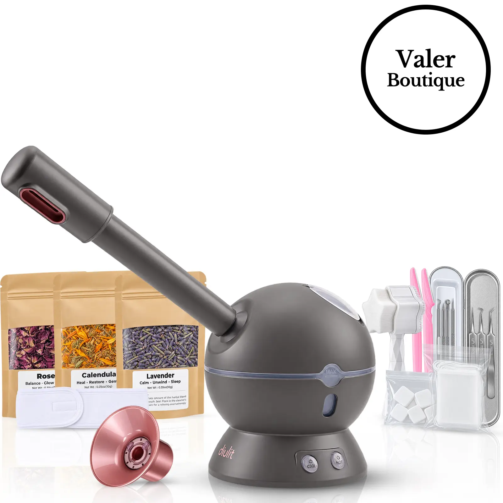diulit Hot & Cold Facial Steamer for Two - 2-in-1 Hot Cool Mist Face Steamer with Interchangeable Nozzles, Botanical Herbal Steam (Rose, Calendula, Lavender), Complete Couples Skincare Kit for Home Spa