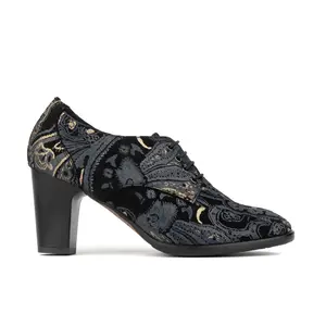 Roulette Black & Grey & Gold Women's High Heel - 3" Block Heel in Italian Leather with Feather Imprinted Nubuck Design