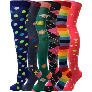 6 Pairs Pack Women Multi Neon Color Fancy Design Thigh High Over the Knee Socks Stockings Women's Extra Long Thigh High Socks Breathable Over-the-Knee Striped Stockings