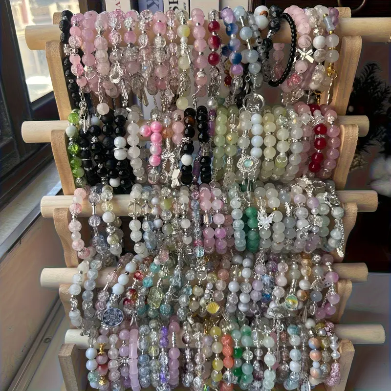 18pcs Mix Women's Glass Bead Charm Bracelet Set - Pastel & Multicolor Bohemian Flower & Butterfly Charms with Heart/Star Charms, Adjustable Elastic Cord for DIY Bracelet Making Kit, Birthday Party Favors, Valentine's Gifts