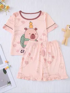 Girl's Capybara Print Tee & Elastic Waist Shorts Pyjama Two-piece Set, Cute Comfy Short Sleeve Top & Ruffle Hem Shorts Pj Set, Kids Sleepwear, Pajama Set, Fruit Print Pajamas, Cartoon Print Pajama