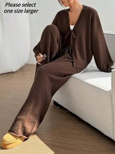 women's 2 pcs tie front cardigan sweater set, solid long sleeve v neck cardigan sweater & pants two-piece set, casual fashion cozy knitwear set for daily outdoor wear, women knitwear for fall & winter, women fall loungewear set