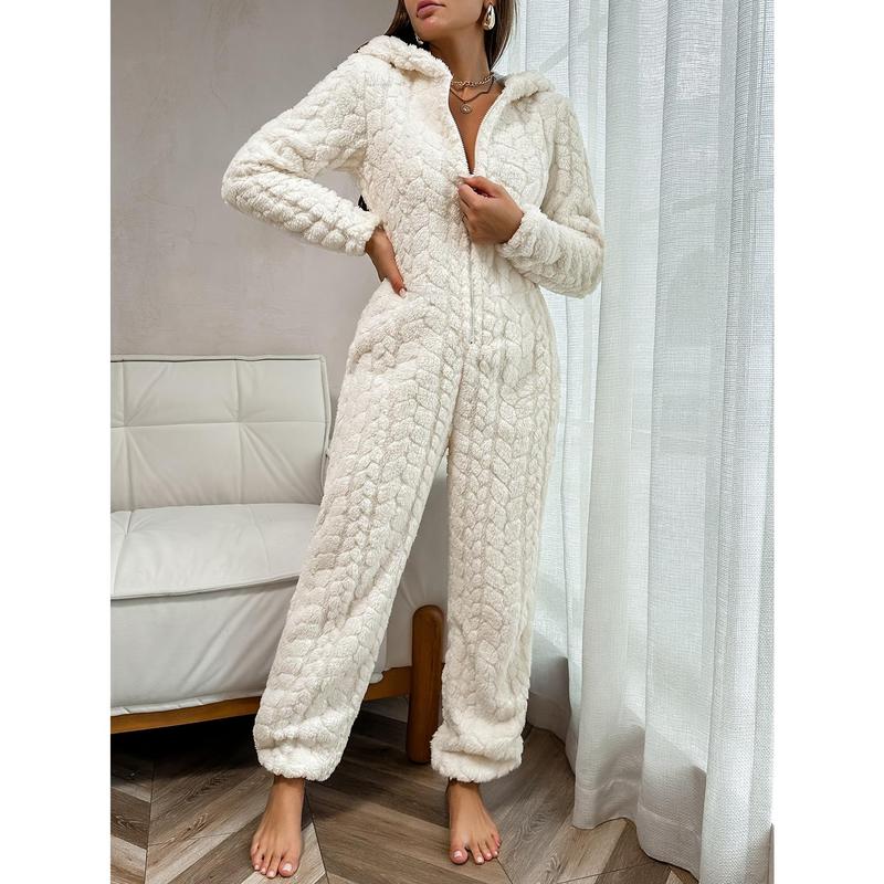 Women's SolidZipper Hooded Plush Pajama Jumpsuit, Casual Long Sleeve  Design Jumpsuit for Fall & Winter, Women's Sleepwear for Indoor Wear, Fluffy Lady Pajamas