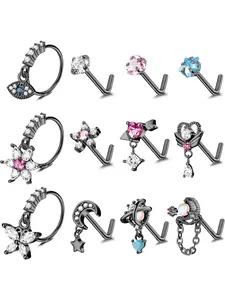 12 Pcs Mixed Style Black Rose Golden Nose Piercing Assortment, Butterfly Septum Ring, for Women Men Stainless Steel Copper Eye-catching Evil Eye Butterfly Heart Patterns Brilliant CZ Classic L-shape Studs Stylish Dangle Nose Hoops Comfortable for Daily