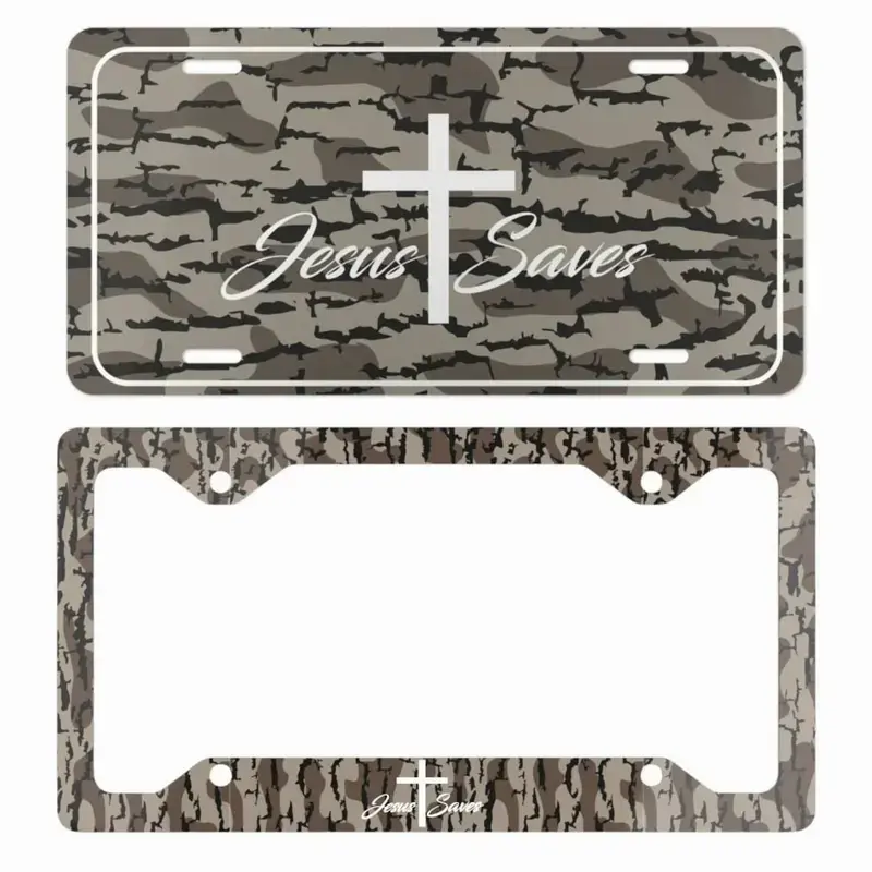 Jesus Saves Camo License Plate And Frame – Christian Cross Car Tag, Faith Outdoor Design, 12x6 Aluminum Plate for Trucks Cars