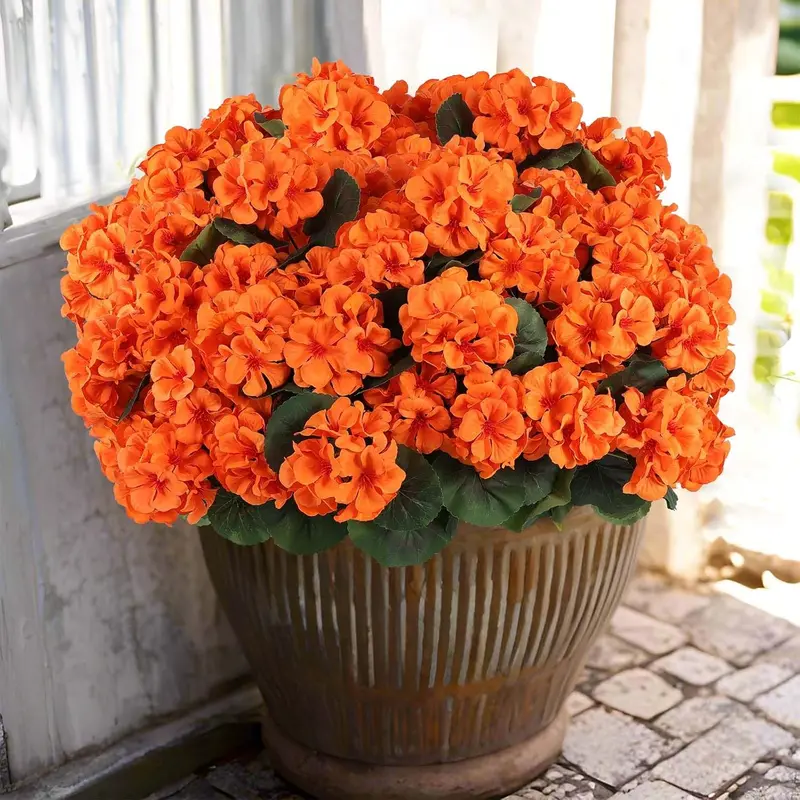 8 Pcs Artificial Geranium Flowers for Outdoors Orange Silk Geranium Flowers Outdoor UV Resistant Plants Faux Fall Flower for Home Kitchen Autumn Table Centerpieces Decor (8, Orange)