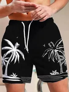 Men's Palm Tree Print Boxer Brief Swim Shorts, Regular Fit Casual Comfy Breathable Swim Shorts for Summer, Men's Swimwear for Beach Holiday Vacation, Swimming Shorts