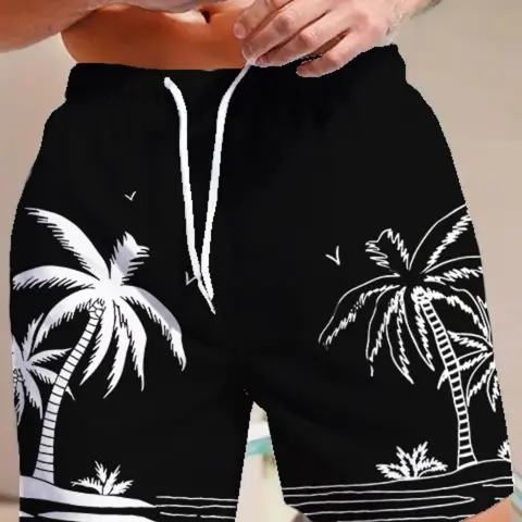 Men's Palm Tree Print Boxer Brief Swim Shorts, Regular Fit Casual Comfy Breathable Swim Shorts for Summer, Men's Swimwear for Beach Holiday Vacation, Swimming Shorts