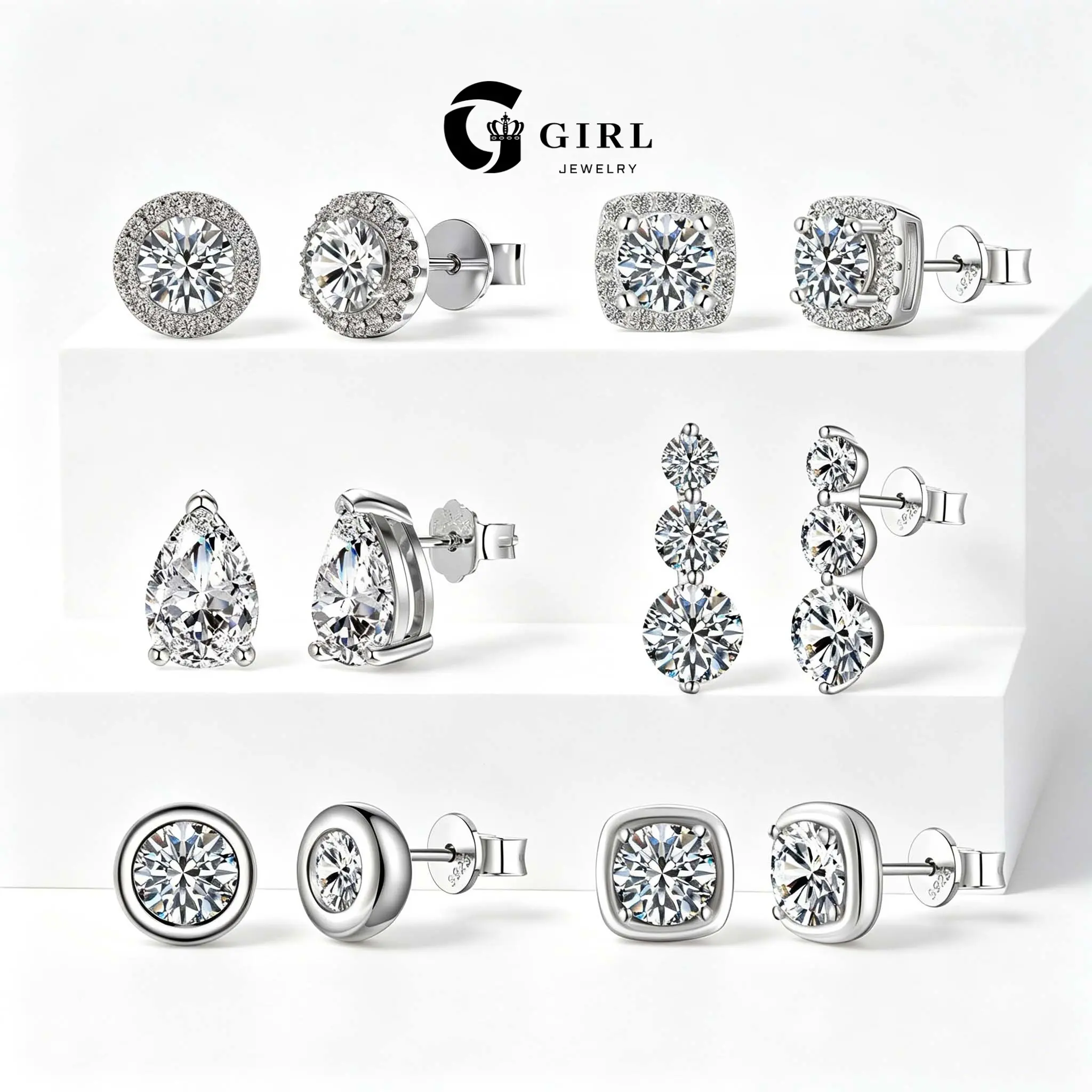 GGIRL Women's S925 Silver Moissanite Stud Earrings, Modern Geometric Design with Assorted Shapes, Elegant Anniversary and Birthday Gift, Square