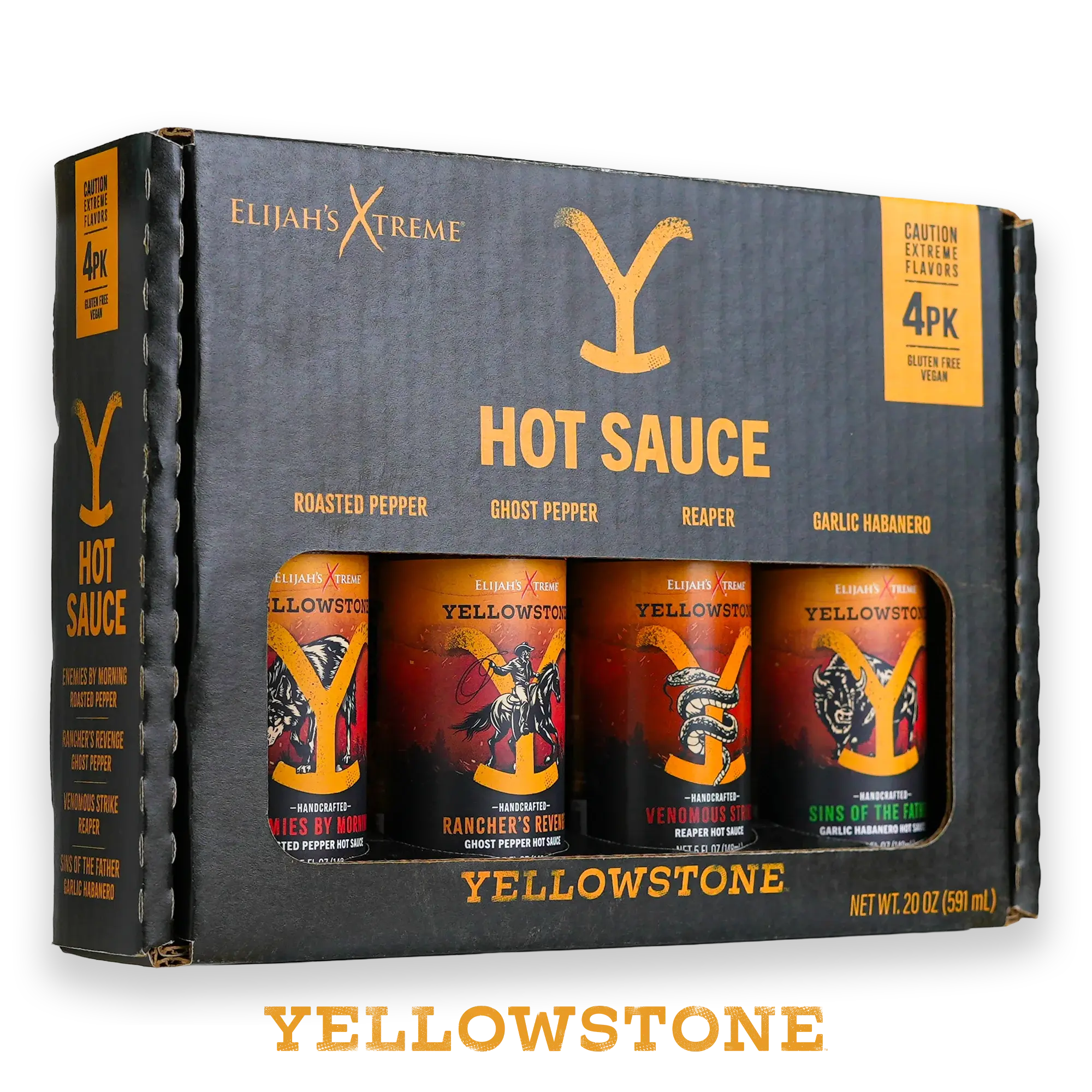 Elijah's Xtreme + Yellowstone Hot Sauce Variety Pack 4 Bottle Gift Set with Garlic Habanero, Ghost Pepper, Carolina Reaper, & Roasted Jalapeno, Vegan Gluten-Free Cowboy-Inspired Heat for BBQ Tacos Wings & Flavor