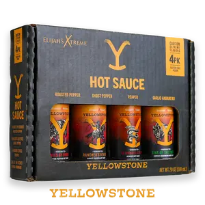 Elijah's Xtreme + Yellowstone Hot Sauce Variety Pack 4 Bottle Gift Set with Garlic Habanero, Ghost Pepper, Carolina Reaper, & Roasted Jalapeno, Vegan Gluten-Free Cowboy-Inspired Heat for BBQ Tacos Wings & Flavor