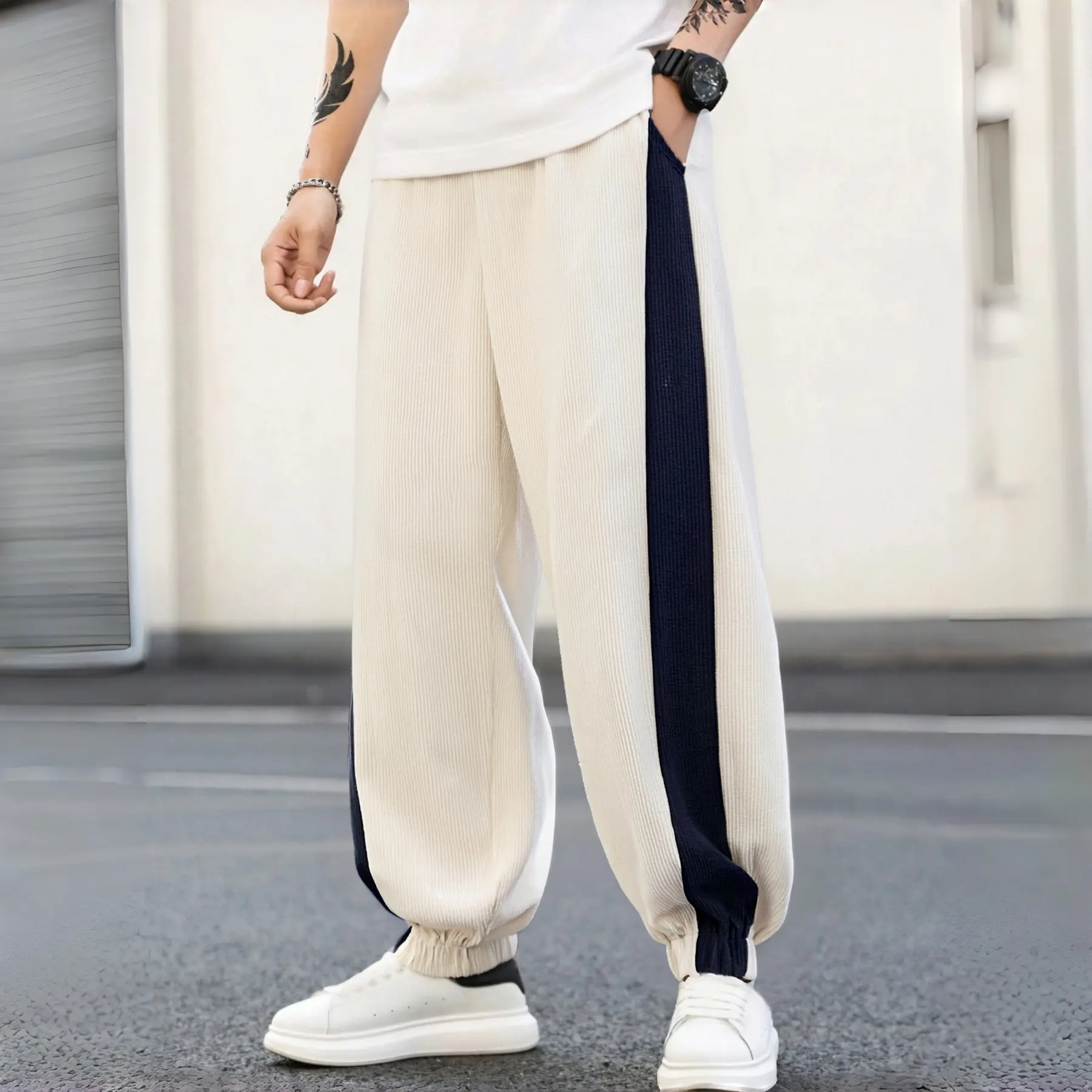 Men's Tan Jogger Pants with Side Stripes, Corduroy Fabric, Skin-friendly Comfort, Retro Casual Style, Versatile for Daily Commute and Street Wear