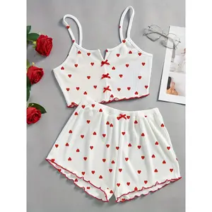 Ladies' Summer Casual Sexy Comfortable Homewear Set- Heart Pattern Bow Ribbed Camisole Shorts