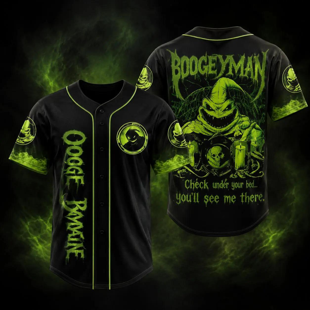 Boogeyman Horror Baseball Jersey, Spooky Halloween Graphic Button Down Shirt, Black Green Creepy Monster Baseball Tee, Unisex Horror Fan Shirt, Halloween Party Outfit, Scary Movie Lover Gift
