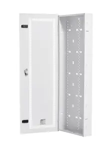 Structured 42-Inch Media Center Enclosure With Vented Hinged Door And Cable Management System, Steel Construction, Rear Panels, Adjustable Shelves, Ventilation Slots, Cable Routing Channels, Wall Mount Or Floor Standing