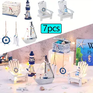 7 Pieces Mini Wooden Box Wooden Lighthouse Sailboat Anchor Fish Hanging Starfish Model Landscape Tank Ornament Office Mini Garden Landscape