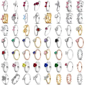 Shiny Silver plate bowknot Rings Size 6789 Red Pink Heart Stone Ring Women Fine Jewelry Fashion Accessories Gift